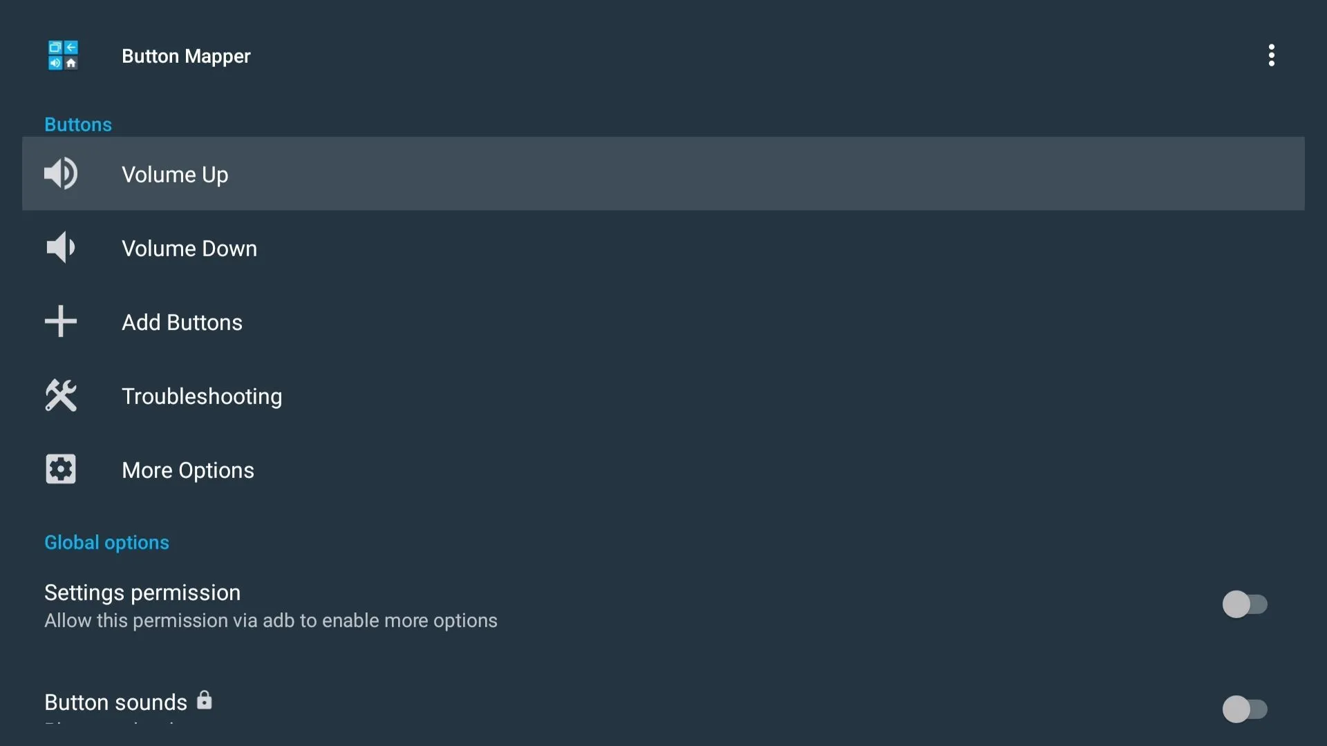 Ứng dụng Button Mapper đang hoạt động trên Google TV, hiển thị các tùy chọn để tùy chỉnh nút điều khiển từ xa