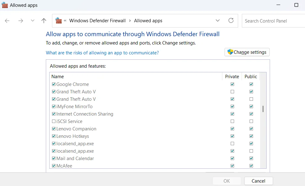 Ứng dụng được phép qua tường lửa Windows
