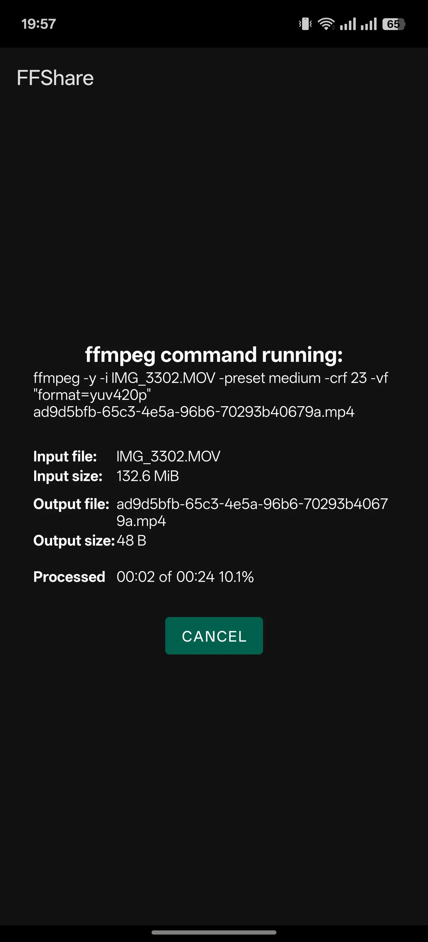 Ứng dụng FFShare Android hiển thị quá trình nén tệp đang diễn ra