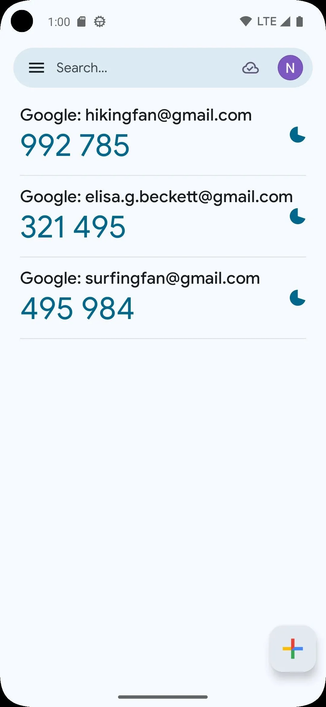 Ứng dụng Google Authenticator hiển thị các mã xác thực 2 yếu tố theo thời gian thực trên điện thoại Android.