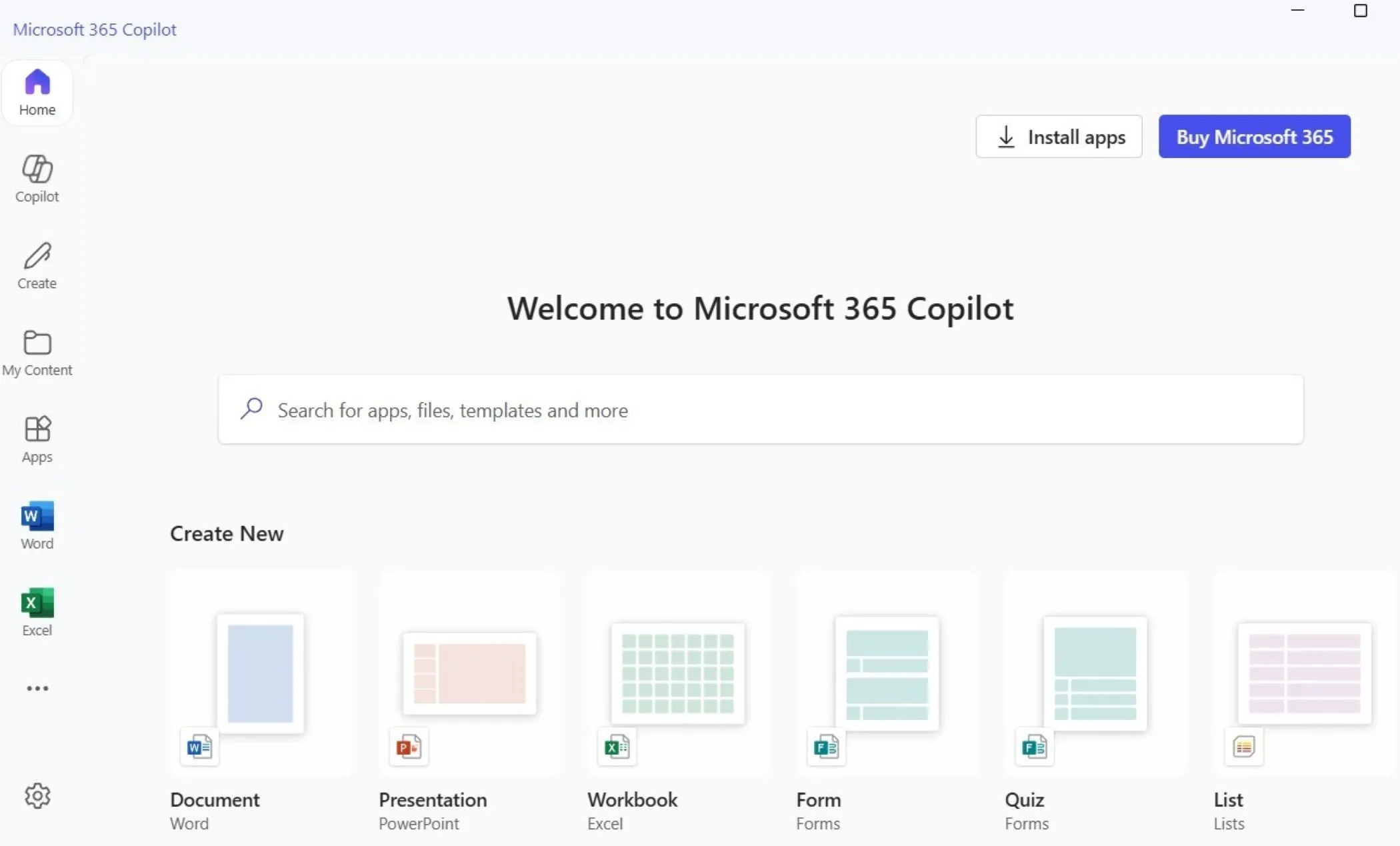 Ứng dụng Microsoft 365 Copilot với giao diện tab Home