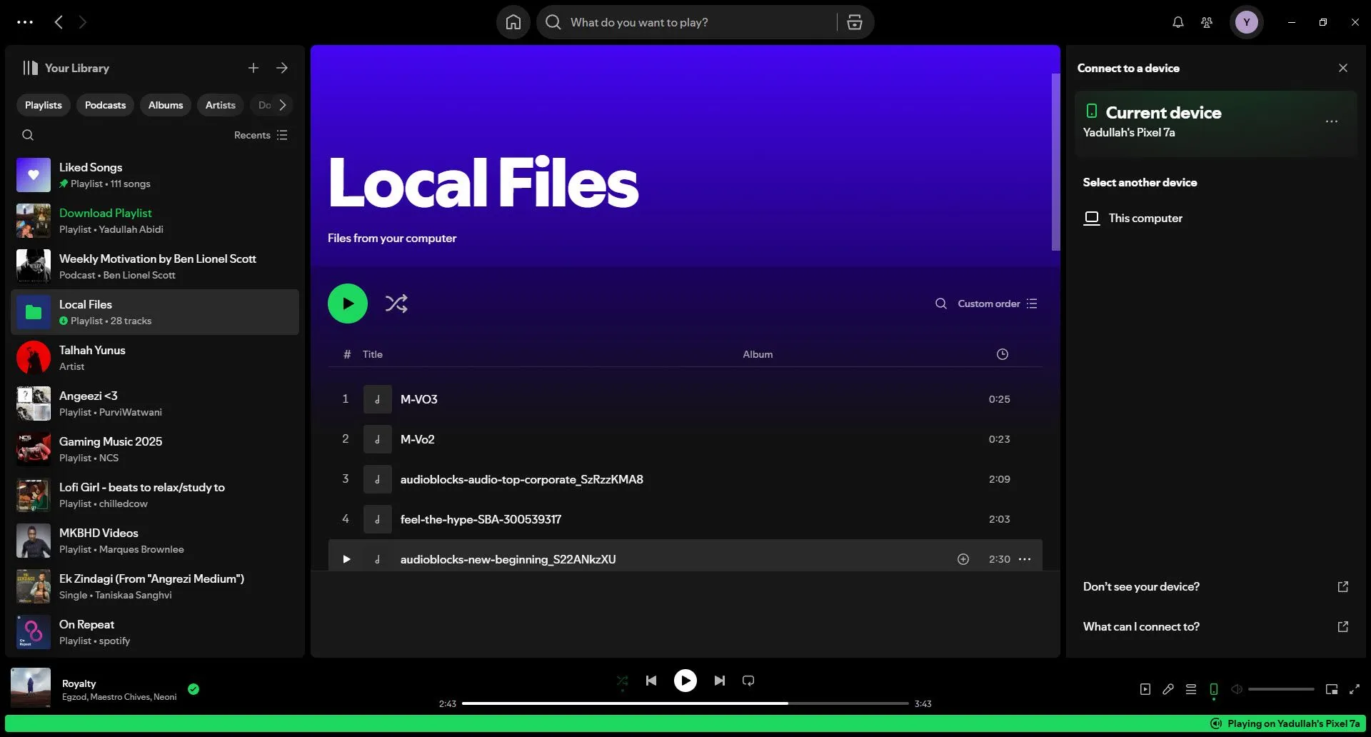 Ứng dụng Spotify trên máy tính đang phát nhạc, minh họa khả năng điều khiển từ xa thông qua Spotify Connect.