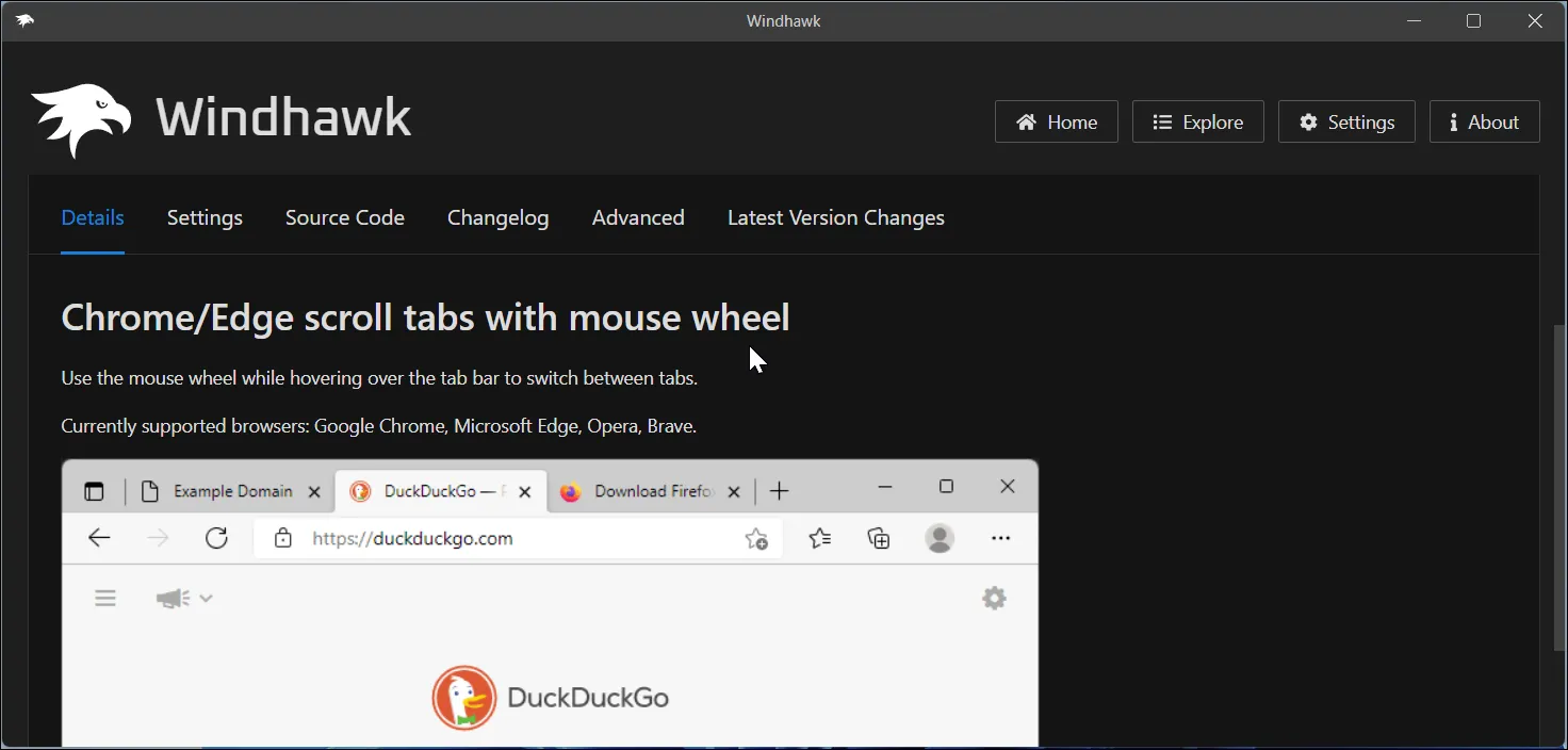 Ứng dụng Windhawk hiển thị trang chi tiết của mod Chrome Edge Scroll Tabs With Mouse Wheel, cho phép cuộn tab trình duyệt bằng con lăn chuột