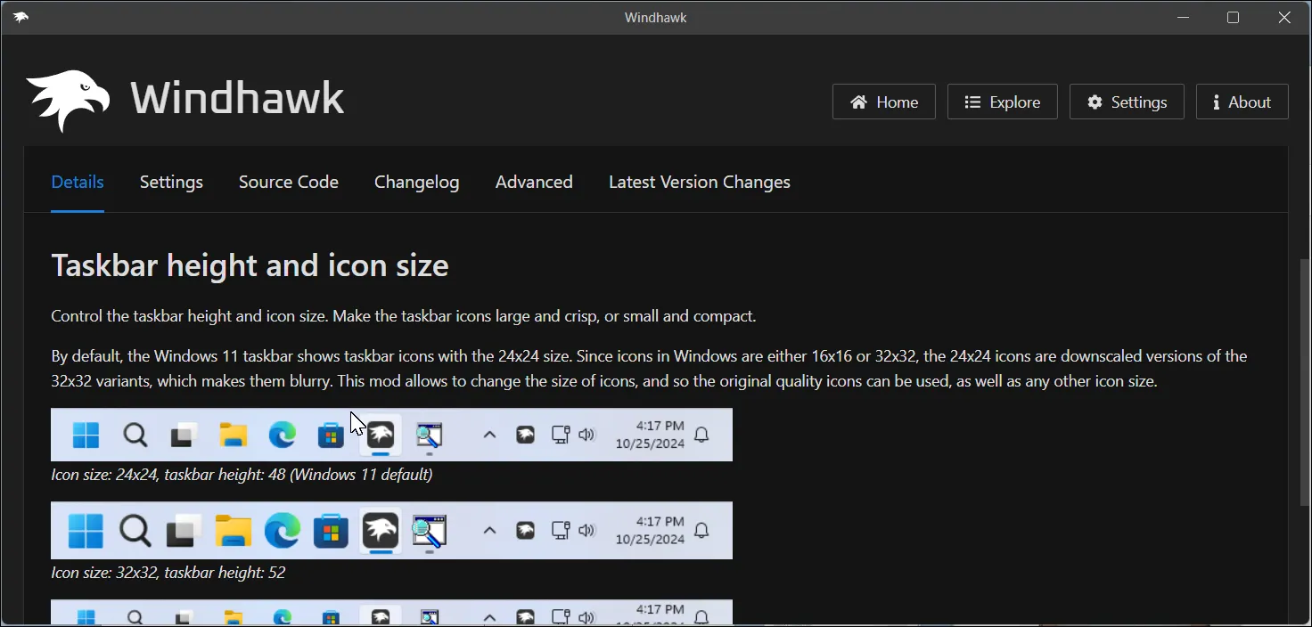 Ứng dụng Windhawk hiển thị trang chi tiết của mod Taskbar Height and Icon Size, cho phép điều chỉnh chiều cao và kích thước biểu tượng thanh tác vụ Windows 11