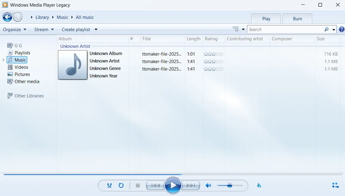 Ứng dụng Windows Media Player Legacy trên Windows 11, hiển thị giao diện cổ điển quen thuộc với các tùy chọn phát nhạc và video.