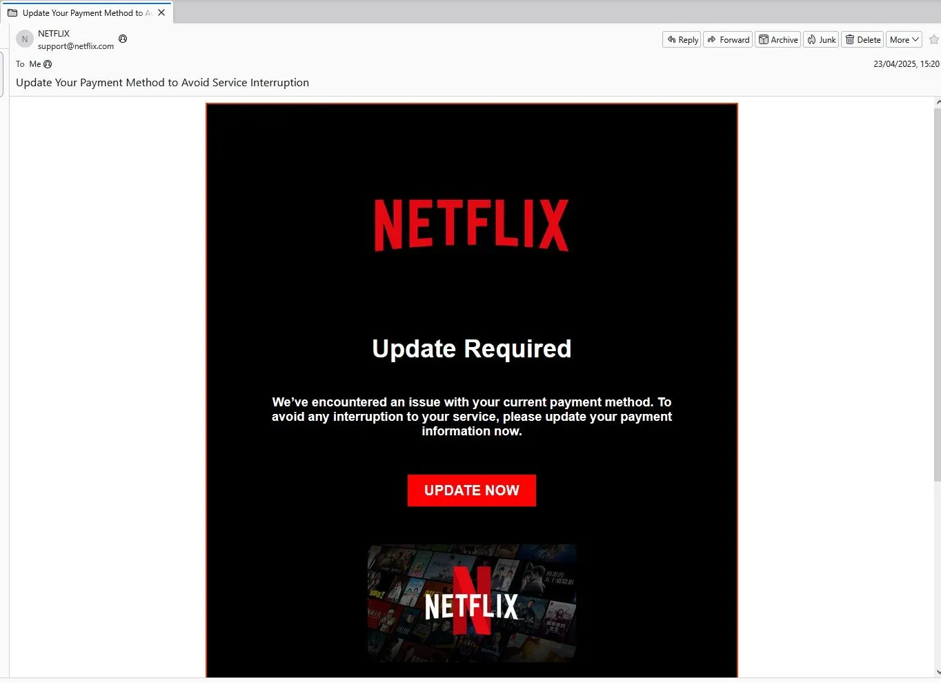 Ví dụ email lừa đảo Netflix giả mạo thông báo cập nhật thanh toán.