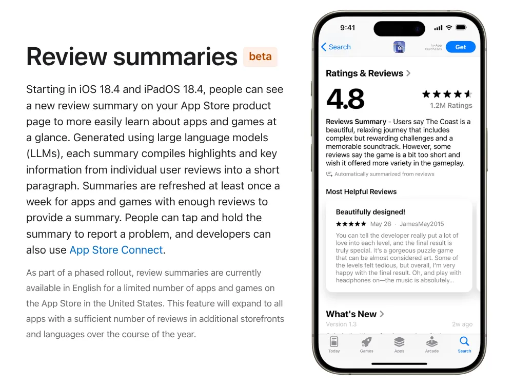 Ví dụ về đoạn tóm tắt đánh giá ứng dụng được tạo bằng AI trên Apple App Store