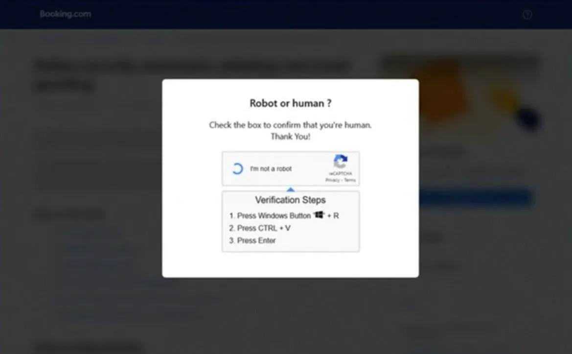 Ví dụ về trang CAPTCHA độc hại trong chiến dịch lừa đảo Booking.com của Microsoft Threat Intelligence