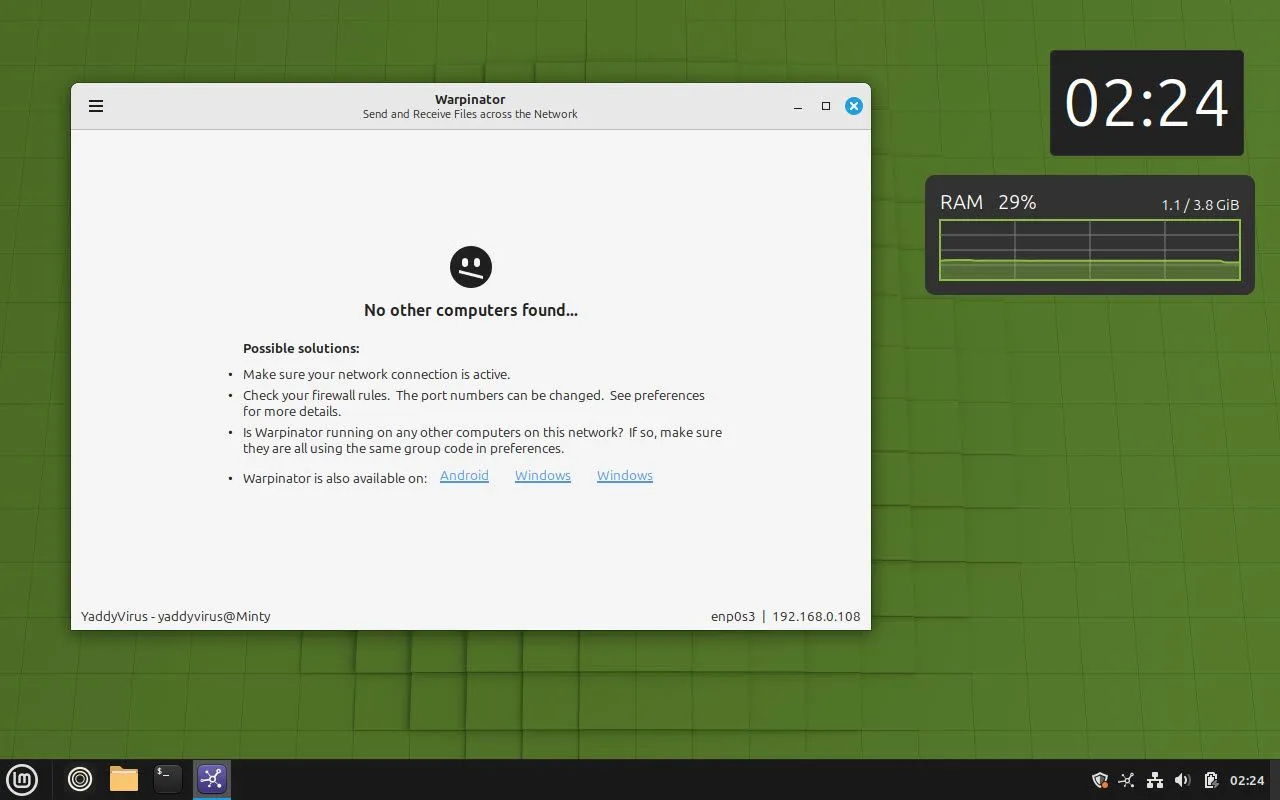 Warpinator đang hoạt động trên Linux Mint, hiển thị giao diện chia sẻ tệp cục bộ giữa các thiết bị