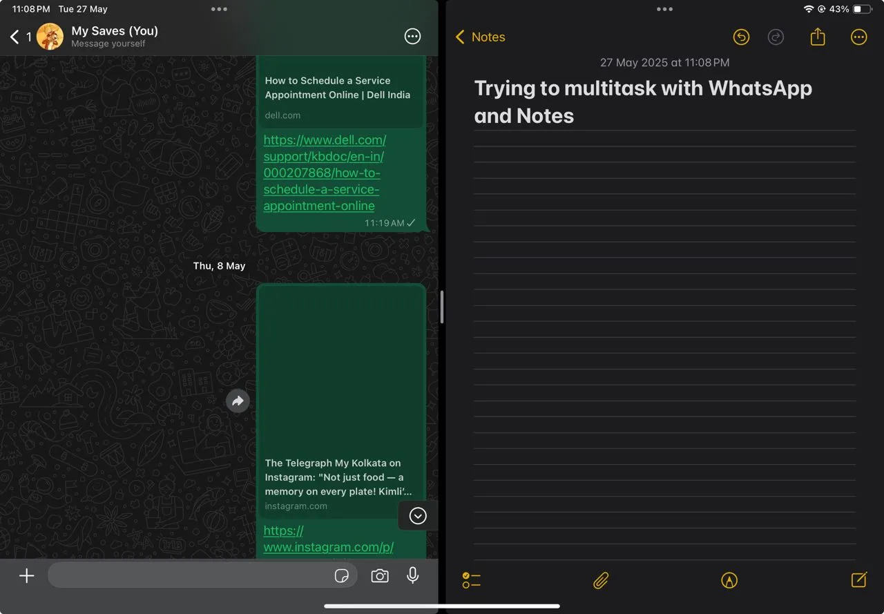 WhatsApp trên iPad hoạt động với chế độ Split View, hiển thị khả năng đa nhiệm