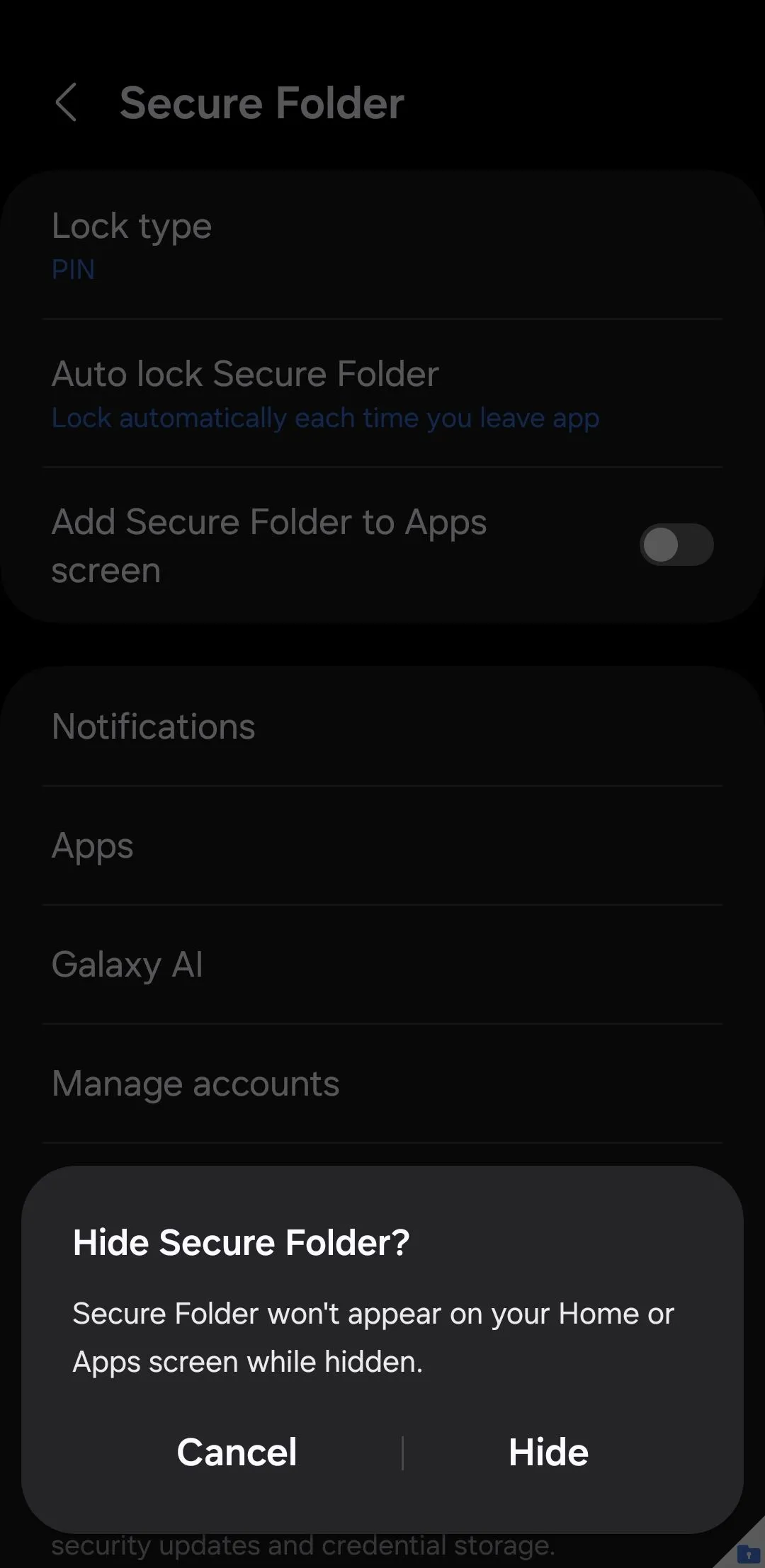 Xác nhận ẩn biểu tượng ứng dụng Secure Folder trên điện thoại Samsung